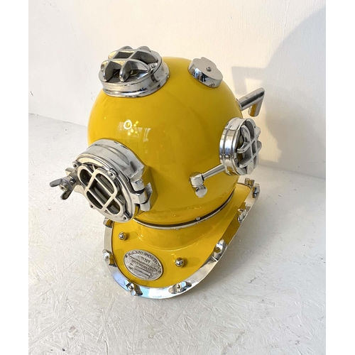 458 - DISPLAY DIVING HELMET, decorative reproduction US Navy design, lacquered yellow finish, 46cm x 46cm ... 