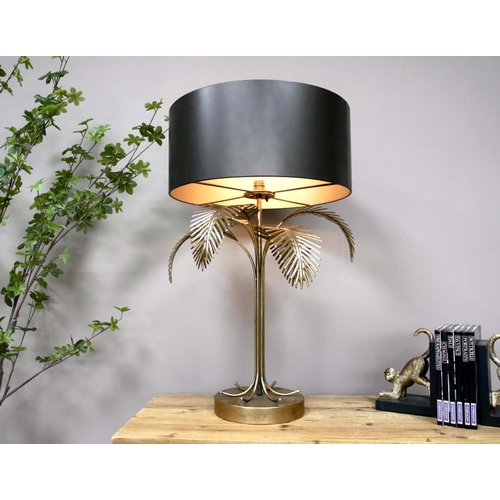 456 - MAISON JANSEN STYLE PALM TREE TABLE LAMP, 74cm high, 45cm diameter, gilt metal, black shade.