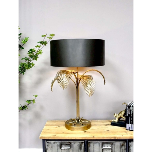 456 - MAISON JANSEN STYLE PALM TREE TABLE LAMP, 74cm high, 45cm diameter, gilt metal, black shade.