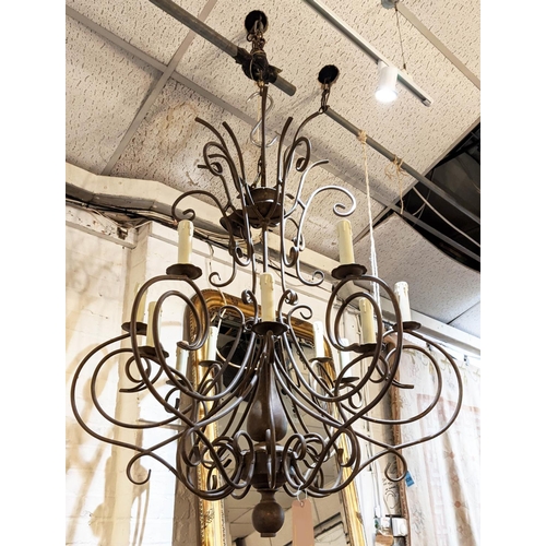 149 - TWELVE BRANCH CHANDELIER, bronzed finish, scrolled branches baluster column to centre, decorative C ... 