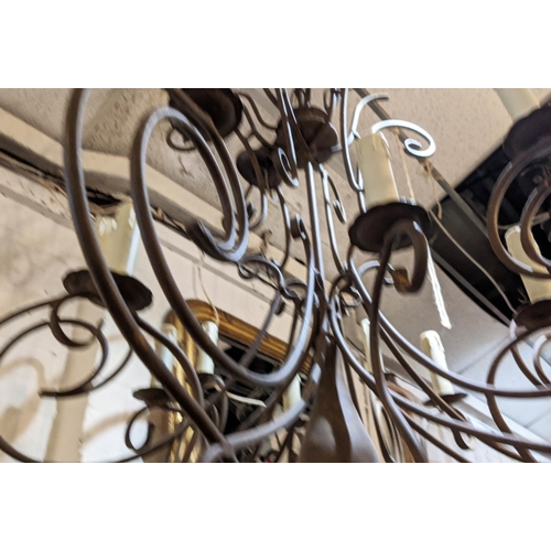 149 - TWELVE BRANCH CHANDELIER, bronzed finish, scrolled branches baluster column to centre, decorative C ... 