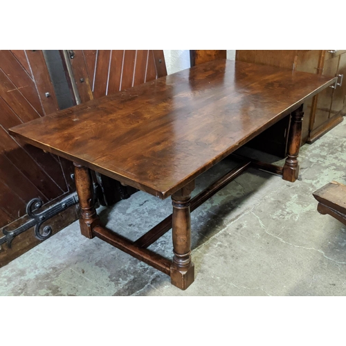 150 - DRAWLEAF REFECTORY TABLE, elm, Jacobean style, plank top, raised on turned supports, 72cm  x 182cm L... 