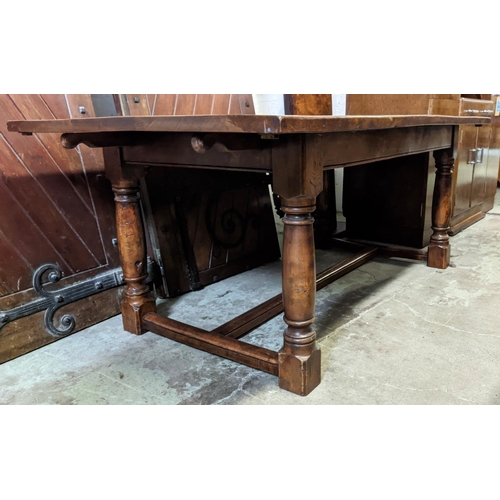 150 - DRAWLEAF REFECTORY TABLE, elm, Jacobean style, plank top, raised on turned supports, 72cm  x 182cm L... 