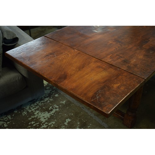 150 - DRAWLEAF REFECTORY TABLE, elm, Jacobean style, plank top, raised on turned supports, 72cm  x 182cm L... 