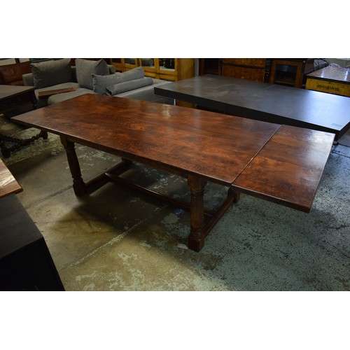 150 - DRAWLEAF REFECTORY TABLE, elm, Jacobean style, plank top, raised on turned supports, 72cm  x 182cm L... 