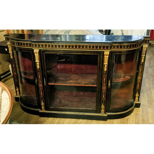 147 - CREDENZA, Victorian circa 1880, ebonised with bowed glazed doors to ends, central glazed door, velve... 