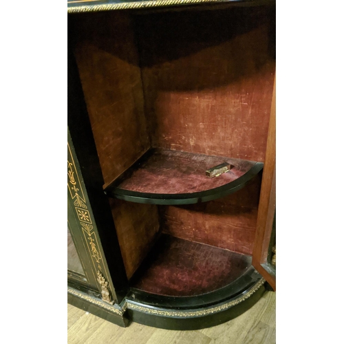 147 - CREDENZA, Victorian circa 1880, ebonised with bowed glazed doors to ends, central glazed door, velve... 