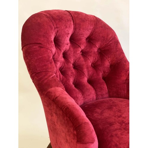 143 - ARMCHAIR, Victorian walnut with garnet chenille velvet upholstery with deep buttoned rounded back an... 