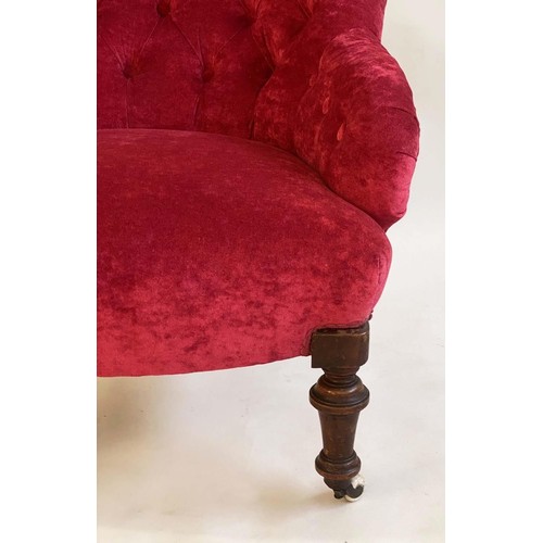 143 - ARMCHAIR, Victorian walnut with garnet chenille velvet upholstery with deep buttoned rounded back an... 