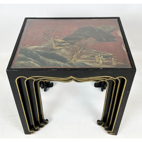 141 - QUARTETTO TABLES, a nest of four, early 20th century scarlet and gilt Chinoiserie decorated, each wi... 