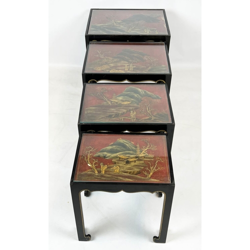 141 - QUARTETTO TABLES, a nest of four, early 20th century scarlet and gilt Chinoiserie decorated, each wi... 