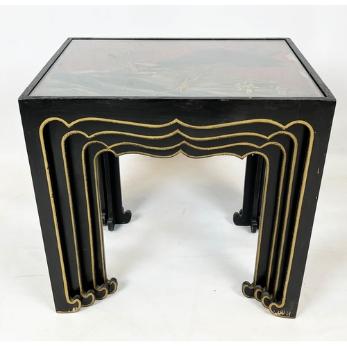 141 - QUARTETTO TABLES, a nest of four, early 20th century scarlet and gilt Chinoiserie decorated, each wi... 