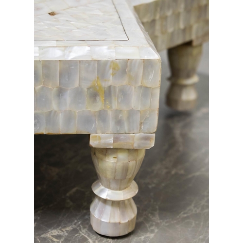 134 - TABLE STAND, Arabic mother of pearl veneered of star form, 20cm H x 90cm.