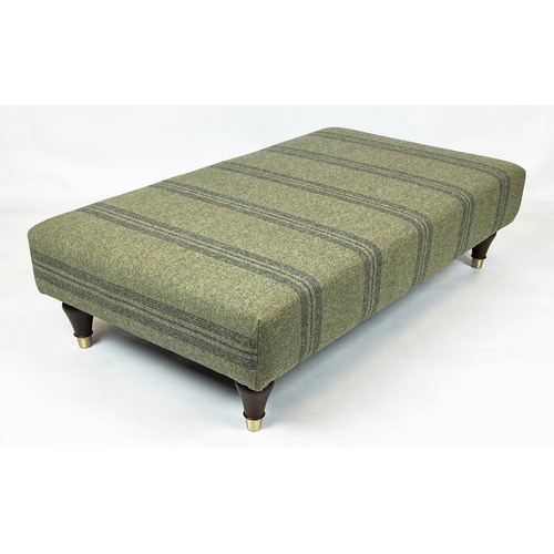 125 - HEARTH STOOL, 30cm H x 113cm x 65cm, green and grey striped upholstery.