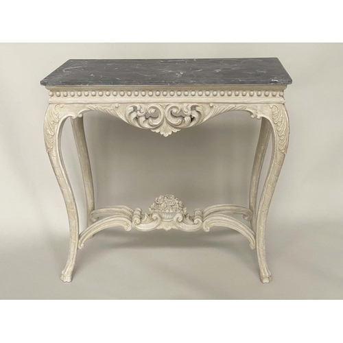 203 - CENTRE/CONSOLE TABLE, Italian 19th century style with white veined marble top and ball decorated wit... 