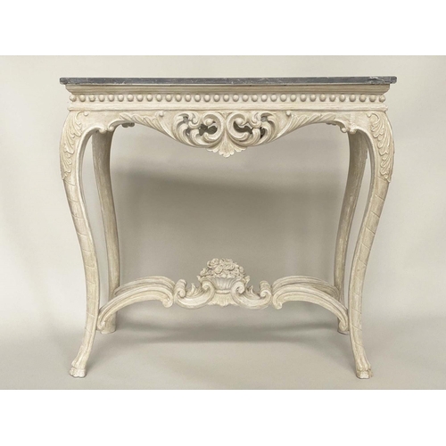 203 - CENTRE/CONSOLE TABLE, Italian 19th century style with white veined marble top and ball decorated wit... 