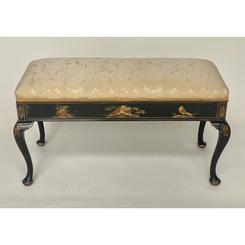 199 - WINDOW SEAT/DUET STOOL, early 20th century lacquered and gilt Chinoiserie decorated with brocade uph... 