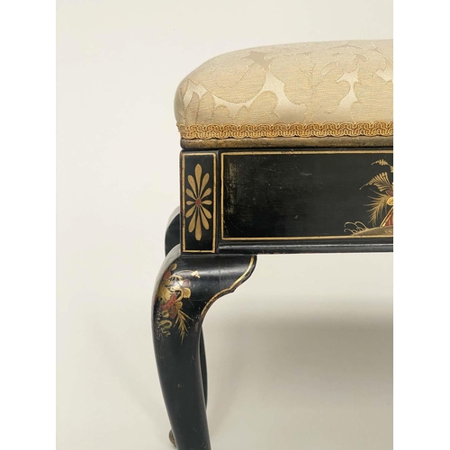 199 - WINDOW SEAT/DUET STOOL, early 20th century lacquered and gilt Chinoiserie decorated with brocade uph... 