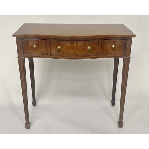 201 - HALL TABLE, George III design burr walnut and crossbanded of serpentine outline with two frieze draw... 