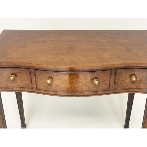 201 - HALL TABLE, George III design burr walnut and crossbanded of serpentine outline with two frieze draw... 