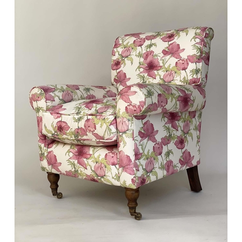 202 - ARMCHAIR, country house style trailing floral print upholstered with scroll back and arms and walnut... 