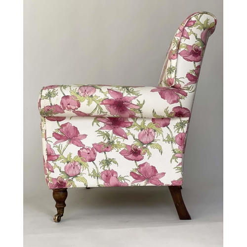 202 - ARMCHAIR, country house style trailing floral print upholstered with scroll back and arms and walnut... 