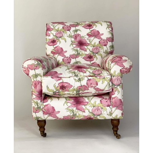 202 - ARMCHAIR, country house style trailing floral print upholstered with scroll back and arms and walnut... 