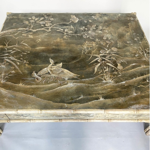 195 - LOW TABLE, vintage square bamboo framed and Chinoiserie painted panelled with two drawers, 150cm x 1... 