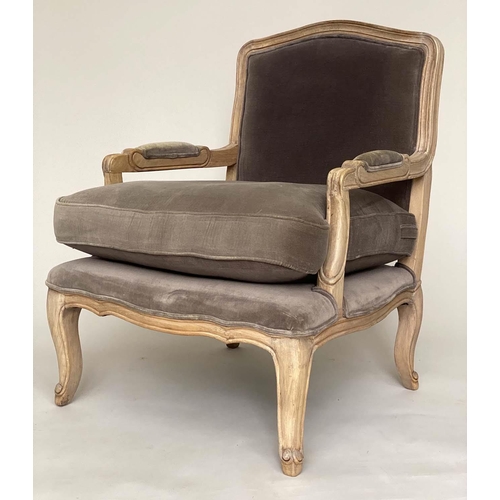 187 - FAUTEUIL, French style and walnut framed with soft teal velvet upholstery, 69cm W.