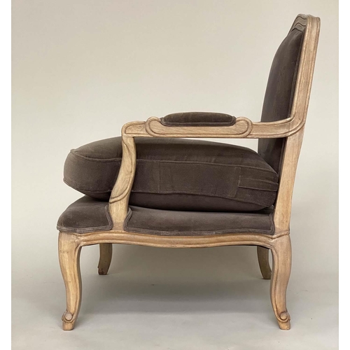 187 - FAUTEUIL, French style and walnut framed with soft teal velvet upholstery, 69cm W.