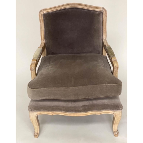 187 - FAUTEUIL, French style and walnut framed with soft teal velvet upholstery, 69cm W.