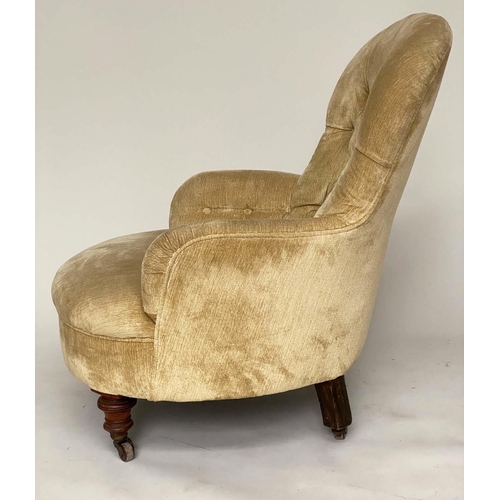 188 - ARMCHAIR, Victorian walnut with lemon yellow, plush velvet buttoned upholstery, 74cm W.