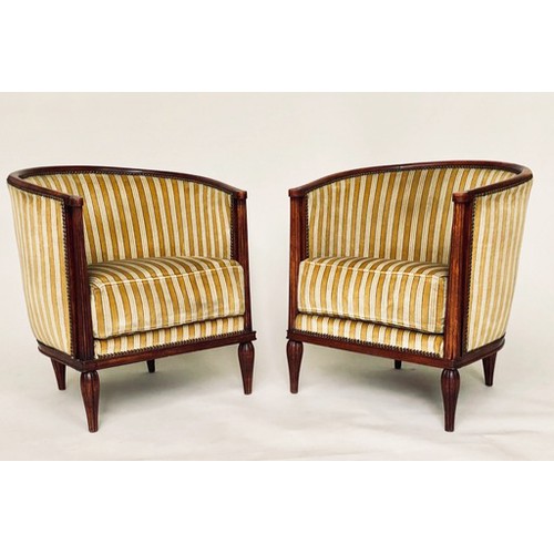 189 - TUB ARMCHAIRS, a pair, Art Deco style with studded striped upholstery, 70cm W. (2)