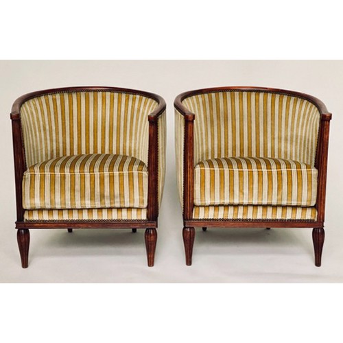 189 - TUB ARMCHAIRS, a pair, Art Deco style with studded striped upholstery, 70cm W. (2)