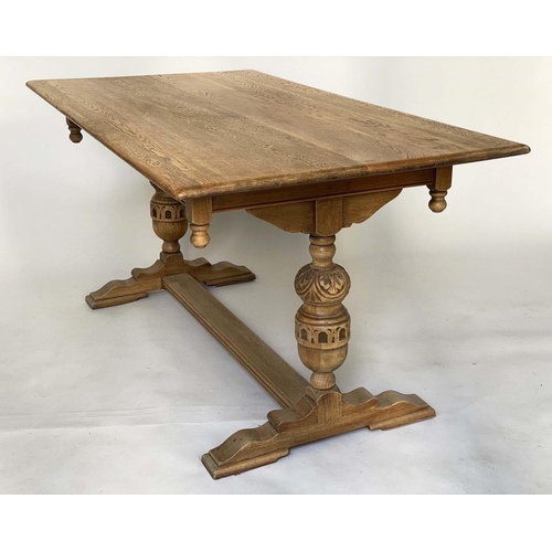 182 - REFECTORY TABLE, 17th century style oak with rectangular planked top, carved twin pillars and flat s... 