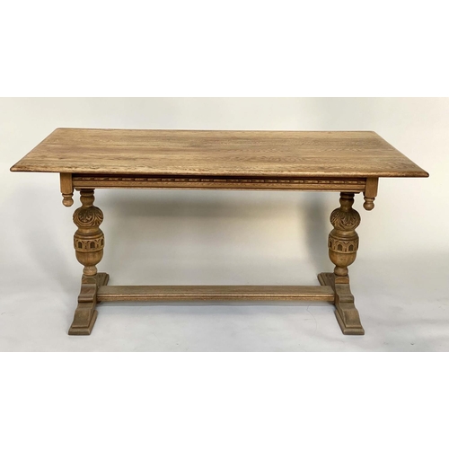 182 - REFECTORY TABLE, 17th century style oak with rectangular planked top, carved twin pillars and flat s... 