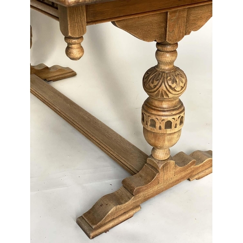 182 - REFECTORY TABLE, 17th century style oak with rectangular planked top, carved twin pillars and flat s... 