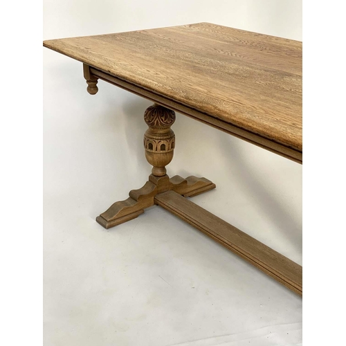 182 - REFECTORY TABLE, 17th century style oak with rectangular planked top, carved twin pillars and flat s... 