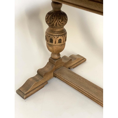 182 - REFECTORY TABLE, 17th century style oak with rectangular planked top, carved twin pillars and flat s... 