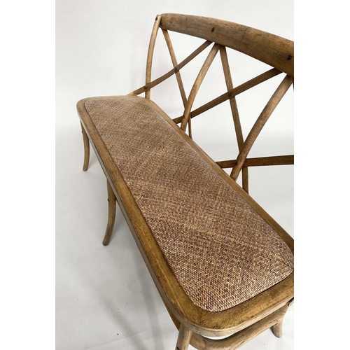 183 - OKA HALL BENCH, bentwood framed with 'X' back and woven cane seat, 135cm W.