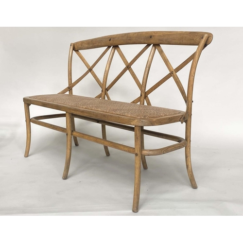 183 - OKA HALL BENCH, bentwood framed with 'X' back and woven cane seat, 135cm W.