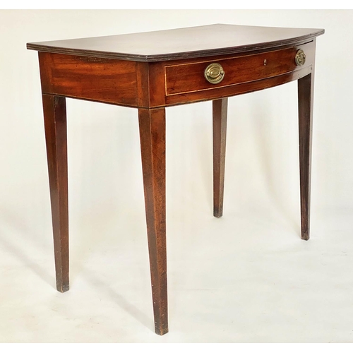 185 - BOWFRONT WRITING TABLE, George III period mahogany with full width frieze drawer and square tapering... 