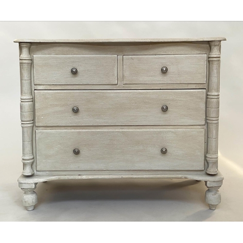 159 - COMMODE, 19th century French traditionally grey painted with two short and two long drawers and colu... 