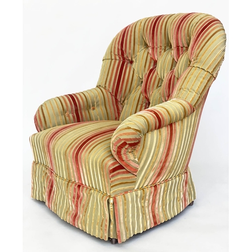 160 - ARMCHAIR, Victorian walnut with newly upholstered Osborne and Little polychrome striped cut velvet w... 