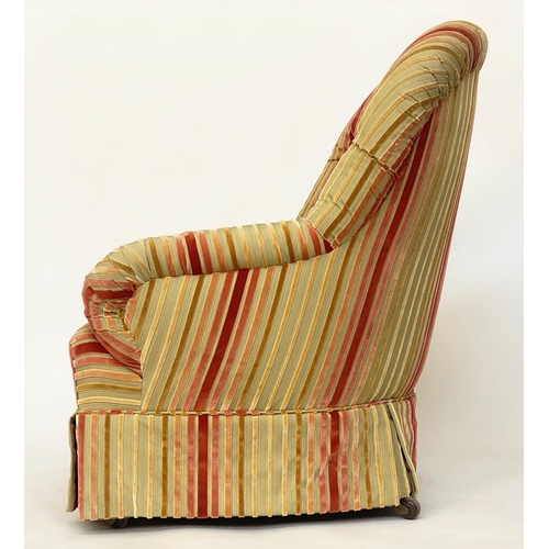 160 - ARMCHAIR, Victorian walnut with newly upholstered Osborne and Little polychrome striped cut velvet w... 