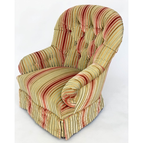 160 - ARMCHAIR, Victorian walnut with newly upholstered Osborne and Little polychrome striped cut velvet w... 