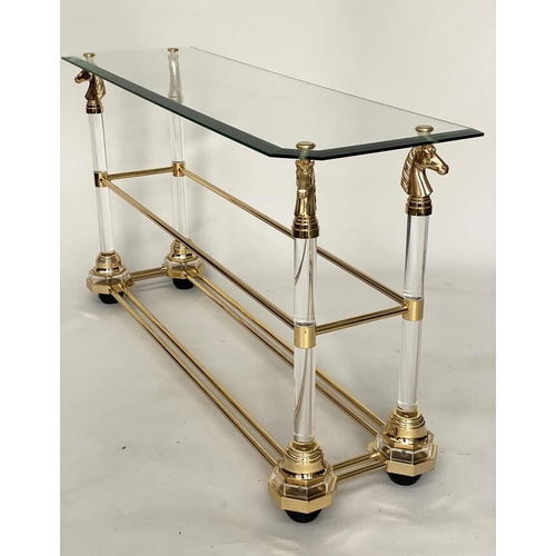 347 - MAISON CHARLES STYLE CONSOLE TABLE, glass, lucite and gilt with three tiers, 125cm x 37cm x 70cm H.