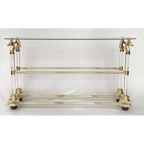 347 - MAISON CHARLES STYLE CONSOLE TABLE, glass, lucite and gilt with three tiers, 125cm x 37cm x 70cm H.