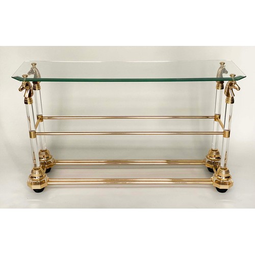 347 - MAISON CHARLES STYLE CONSOLE TABLE, glass, lucite and gilt with three tiers, 125cm x 37cm x 70cm H.