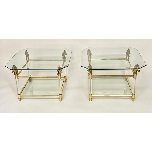 349 - MAISON CHARLES STYLE SIDE TABLES, a pair,  glass, lucite and gilt each with undertier, 70cm sq. x 44... 